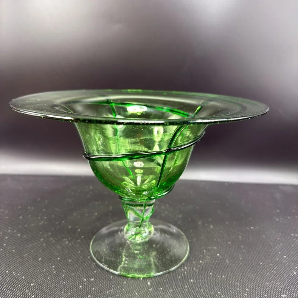 Aromatique Green Swirl Glass Bowl Mouth Blown 6x8 Made in USA Footed Centerpiece